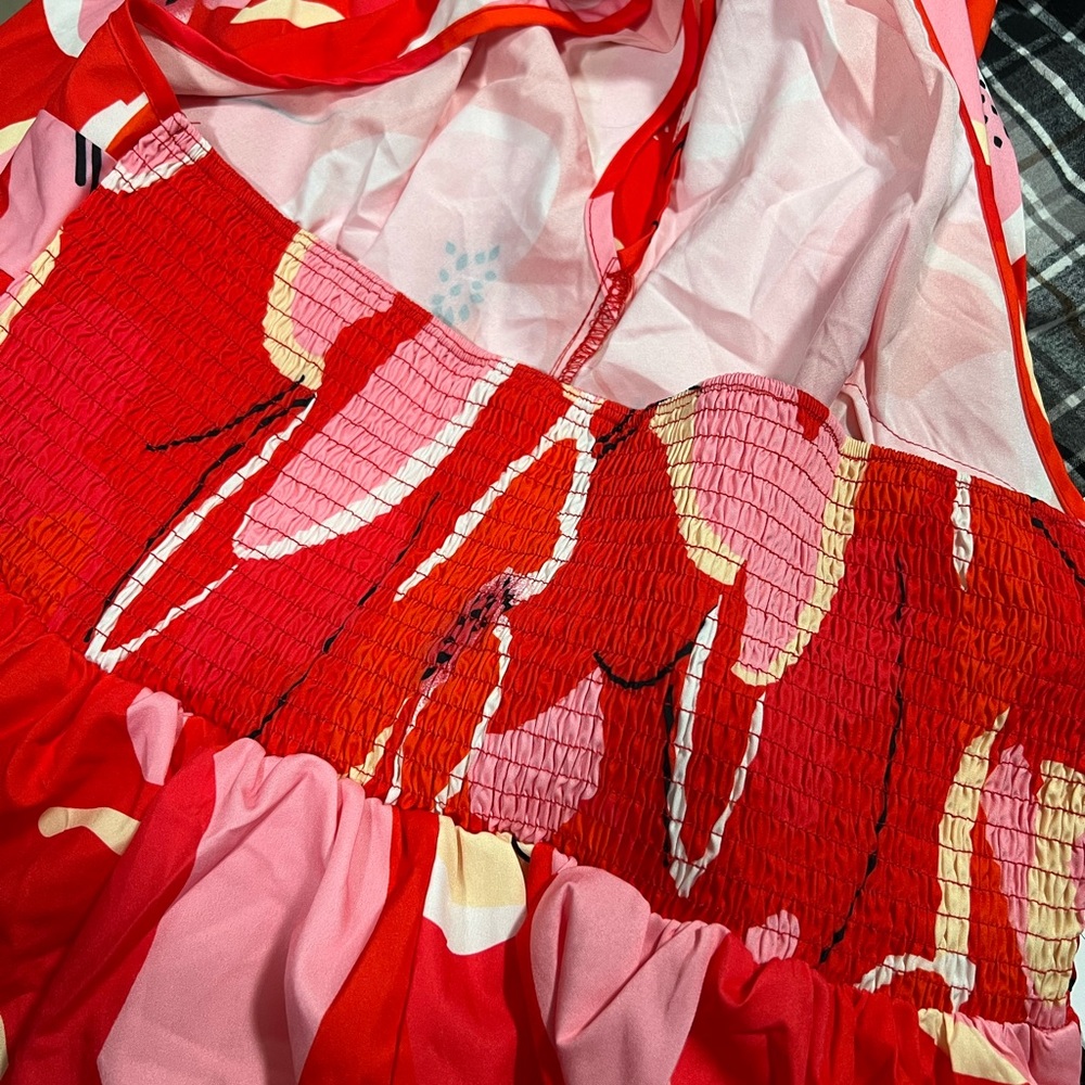 Boho Plus Size Red Floral Print Tie Back Halter Maxi Dress - Picture 14 of 14